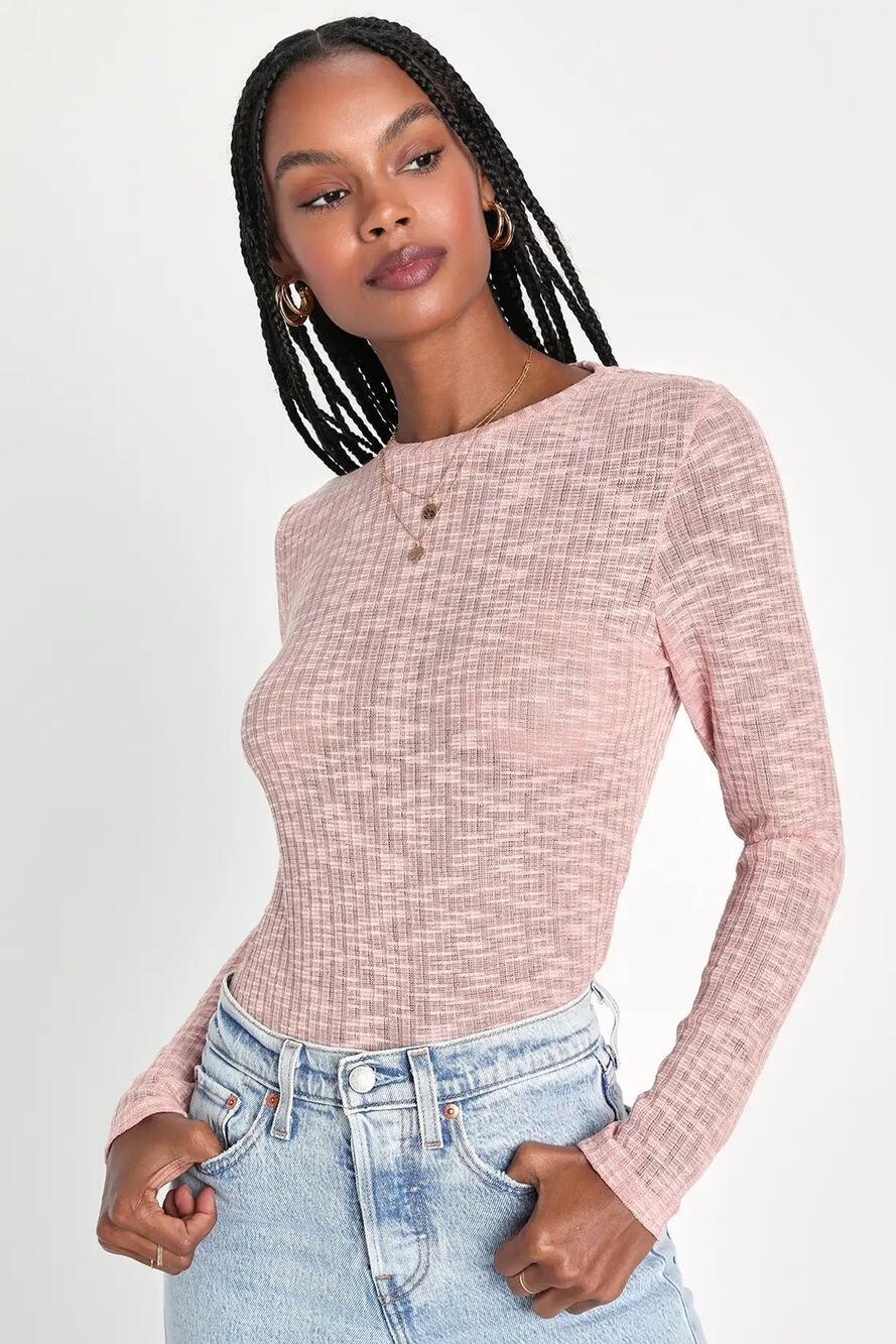 [Free People] Blush Pink Ribbed Knit Aura Layering Long Sleeve Top Crew Neck XL